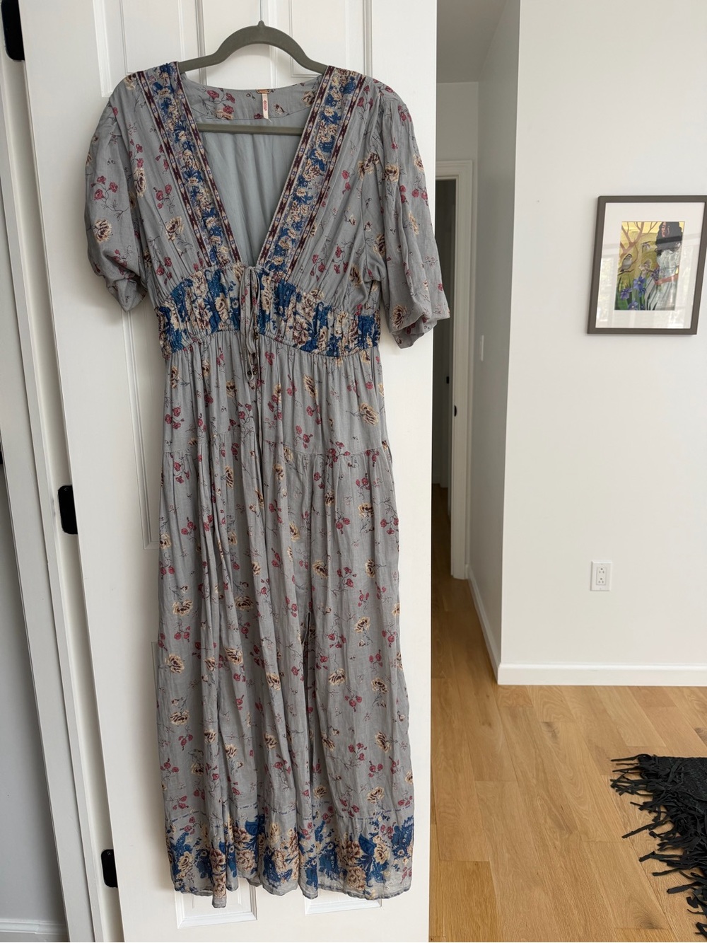 Free People Gray Floral V-Neck Maxi Dress with Blue Trim - Picture 1 of 2